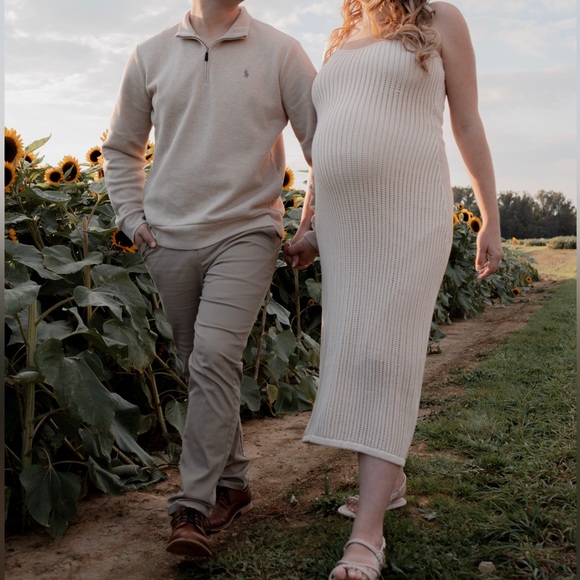 Beige Open Knit Crochet Maternity Midi Dress Size Small - Picture 5 of 5